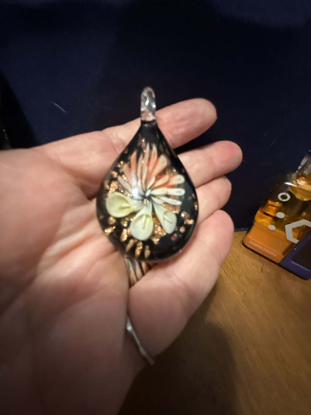 Handcrafted Teardrop Art Glass Pendant with Floral Design and Gold Flecks